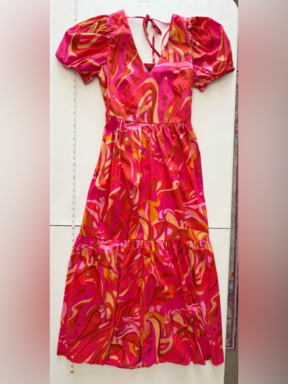 NWT Medium 1.State Pink and Orange Puff Short Sleeve V-Neckline Maxi Dress